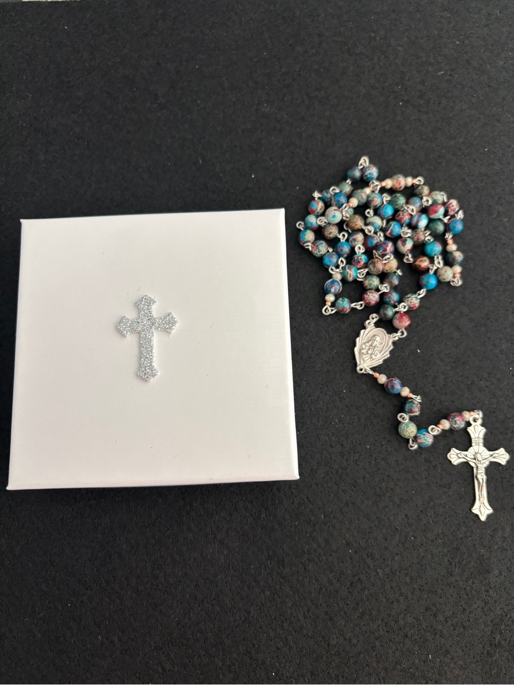 Handmade Blue Maroon Marbled Sacred Heart Jesus Mary Catholic Rosary